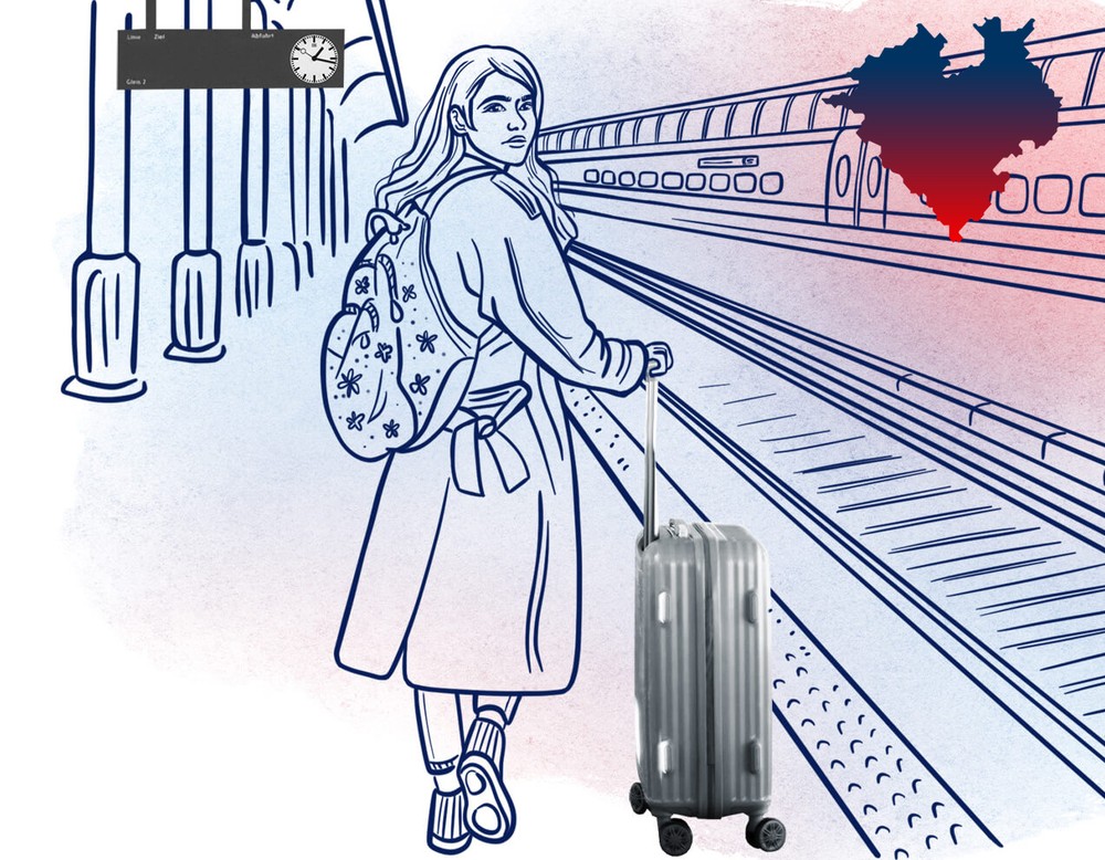 Illustration eines Mädchens mit Koffer am Bahnhof. Daneben ein illustriertes Westfalenherz.