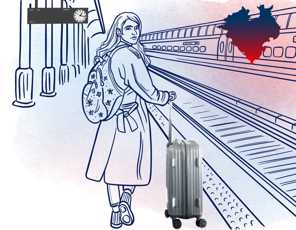 Illustration eines Mädchens mit Koffer am Bahnhof. Daneben ein illustriertes Westfalenherz.